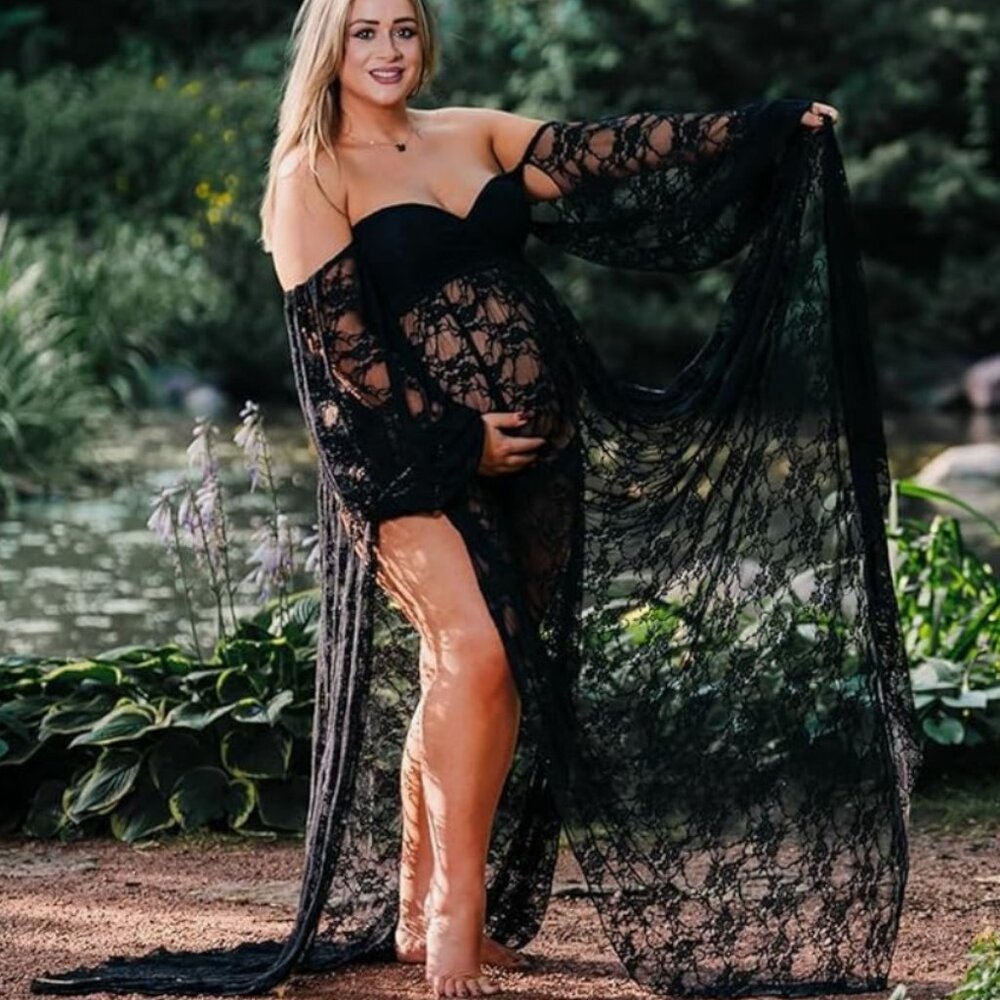 Black Lace Off Shoulder Doubly Split Maternity Maxi Dress for Photoshoot - Picture 2 of 16